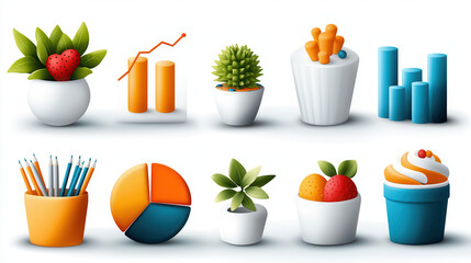 Fototapete - collection of colorful 3D icons including plants, charts, and desserts, showcasing vibrant designs and playful elements. image features bar graphs, pie charts, and potted plants in creative style