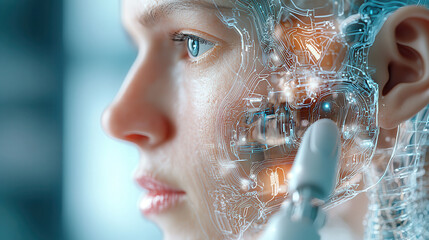Aufkleber - cybernetic humanoid with intricate circuitry and hyper detailed wireframe design is depicted, showcasing advanced technology and futuristic elements. close up view highlights integration of human