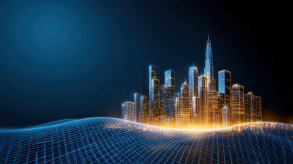 Poster - detailed 3D blueprint of futuristic city skyline is illuminated against dark background, showcasing modern architecture and innovation
