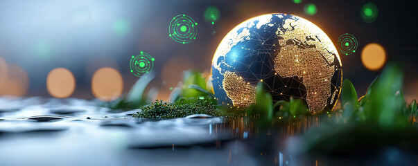 Poster - digital wireframe earth with futuristic neon green lines is surrounded by lush greenery and glowing elements, creating blend of technology and nature