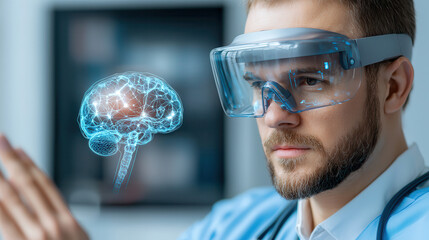 Poster - doctor uses augmented reality glasses to study holographic brain model, showcasing advanced technology in medical research