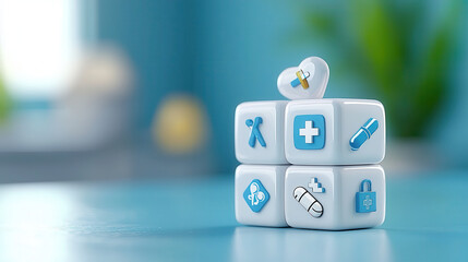 Leinwandbilder - White cubes with blue medical icons, including heart, cross, and pills, are stacked on blue surface, symbolizing healthcare and wellness