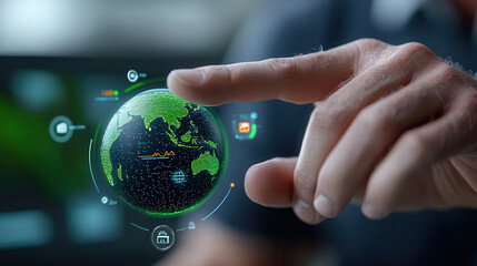 Fototapete - hand interacts with hyper detailed futuristic green hologram of planet Earth, showcasing advanced technology and digital innovation