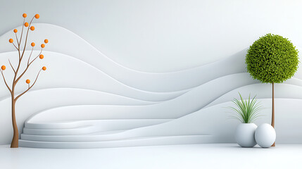 Poster - Modern abstract white cubic structures form stepped landscape with minimalist trees and plants, creating serene and artistic environment
