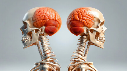 Poster - Two realistic human skeletons are shown from side, highlighting brain and skull structure. image provides detailed view of anatomy, focusing on skeletal and neurological systems