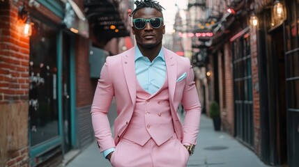 A fashionable man confidently poses in a pink suit with sunglasses on an urban street, blending vibrancy and elegance in a modern backdrop.