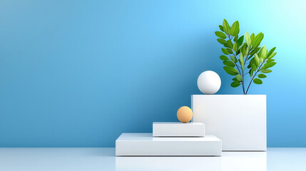 Aufkleber - minimalist composition featuring white geometric platforms with green plant and spheres against blue background