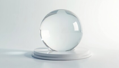 Poster - Crystal clear glass dome sphere on white podium background. Round transparent bubble, shiny display shield presents fragile gleam. Guard dazzles with sheen, preserves showcasing round case.