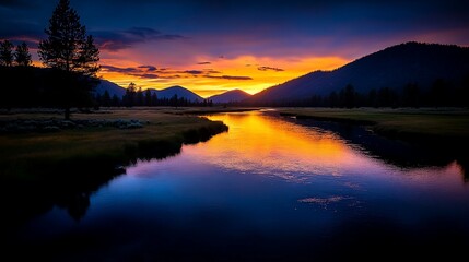 Wall Mural - Vibrant sunset colors reflecting on tranquil mountain river scenery