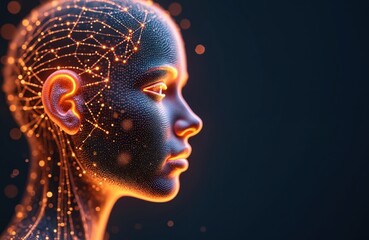 Fototapete - AI digital brain concept. Humanoid head profile with glowing neural network connections, symbol of artificial intelligence evolution, machine learning, future tech. Perfect for illustrating hi-tech,