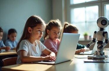 Aufkleber - Kids in classroom use laptops. Robot assists girl studying in class. Children learn with AI tech. Modern education, learning solutions, school programming, future, lesson concept. Robot teacher