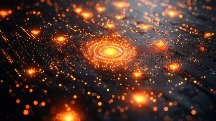 Wall Mural - abstract digital circuit board with glowing orange nodes