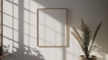 Wall Mural - Sunlight illuminates empty frame on wall, pampas grass nearby, design mockup