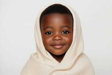 Wall Mural - A young black child is wearing a white hooded blanket. The child is smiling and looking at the camera