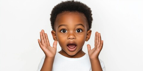 Wall Mural - A young child with a surprised expression on his face. The child is wearing a white shirt and has his hands raised in the air