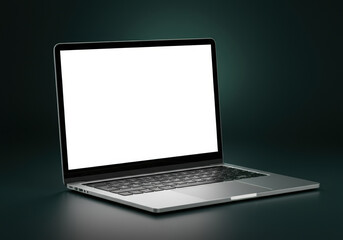Mockup of a laptop with a blank screen on a dark green background