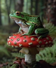 Wall Mural - A vibrant green frog perched on a red mushroom in a lush forest setting, surrounded by soft greenery and natural light. Psychedelic Jungle, Tropical Wonderland, Nature’s Harmony