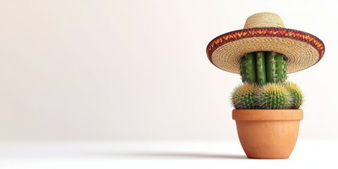 Cactus wearing a traditional sombrero sits in a terracotta pot against a minimalistic background