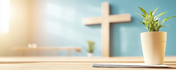 Canvas Print - A serene interior scene featuring a potted plant in focus, with a wooden cross in the background, symbolizing spirituality and growth.