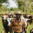 © Natjeeta Phromchat - Farmer Smiling While Herding Cattle in Green Pastures