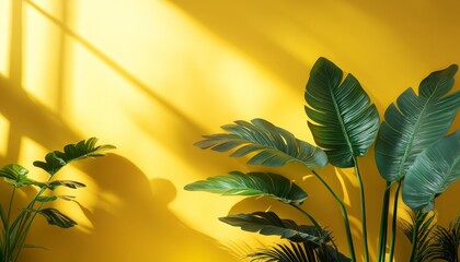 Canvas Print - Tropical Green Leaves Against a Yellow Wall, Natural Shadows, Minimalist Design, Vibrant Colors