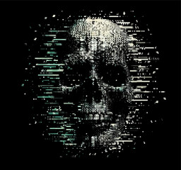 Fototapete - Digital skull illustration features pixelated, glitch-style effects against a dark background. The design uses colorful gradients, creating a cyberpunk and eerie atmosphere.