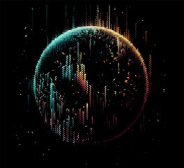 Leinwandbilder - Pixelated globeon a black background, creating a digital, cosmic feel. The scattered dots suggest depth and movement, lending a futuristic and abstract aesthetic to the design.