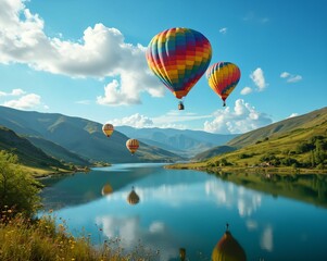 colorful hot air balloons drift over a serene lake surrounded by mountains on a sunny day