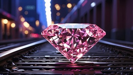 A large, faceted red gemstone resting on railroad tracks