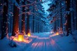 © Withun - Snowy woods with glowing lanterns and twinkling lights, magical, peaceful