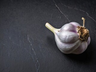 Wall Mural - A garlic bulb is placed on a dark gray slate stone surface