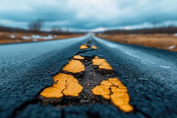 Wall Mural - Cracked yellow lines on an asphalt highway lonely road scene overcast sky close-up view capturing nature's impact on infrastructure