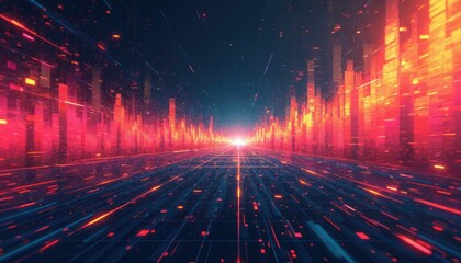 Aufkleber - Abstract digital illustration of city skyline road perspective in red, orange, blue colours. Pixelated noise, glitch effects create visually striking display. Tech, network, science, energy