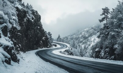 Poster - A snowy mountain road with trees in the background