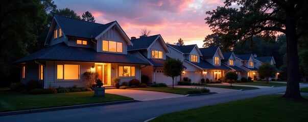 suburban houses aglow with soft gentle lights, warm, suburban