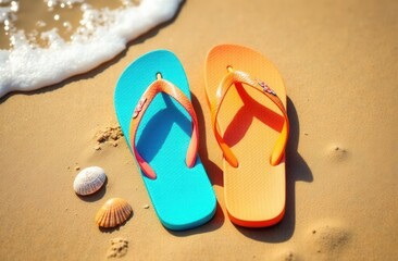 Colorful flip-flops on sandy beach with seashells near shoreline