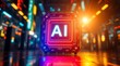 © HAPIXEL - Glowing AI Icon on a Blurred High-Tech Background Symbolizing Artificial Intelligence and Technological Advancement