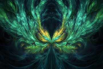 Wall Mural - abstract emerald flames dancing against obsidian background, digital fractal patterns creating super