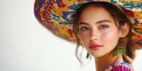 Young woman wearing a colorful traditional sombrero and vibrant attire in a bright setting during a cultural celebration