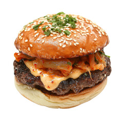 Poster - Delicious burger with sesame seed bun, juicy beef patty, spicy kimchi, and melted cheese, perfect for satisfying meal