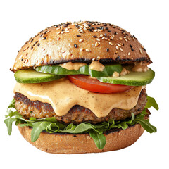 Poster - Delicious sesame seed burger with fresh vegetables, creamy sauce, and flavorful patty, perfect for satisfying meal