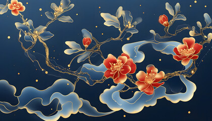 Sticker - Red Flowers with Gold Branches on Blue Background