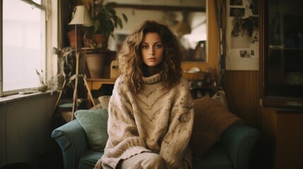 Wall Mural - Young caucasian female with curly hair in cosy living room ambience