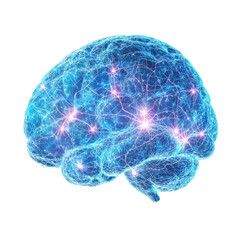 Poster - glowing blue brain with interconnected neural networks, symbolizing intelligence and technology
