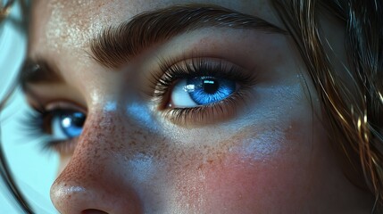 Wall Mural - A near view of a woman's face, highlighting her pink and blue eyes