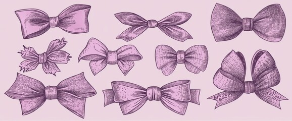 Wall Mural - Modern illustrations of realistic ribbons and bows drawn with crayons. A collection of girly coquette bows and elegant, aesthetic ribbons for both girls and boys. Vintage elegant cliparts in a