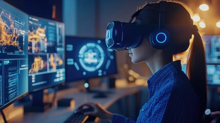 Woman in VR Headset Working with Futuristic Interfaces