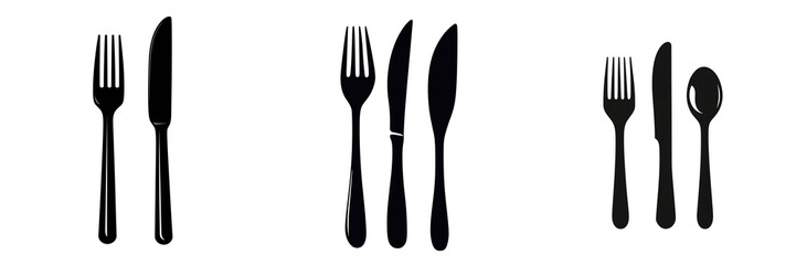 Wall Mural - Set of a silhouette of a knife and fork, isolated on a transparent background.