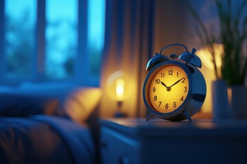 A lit clock sits on a bedside table in a dark room, with a bed and window visible in the background.