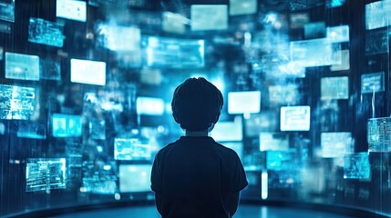 A boy is standing in front of a large screen with many computer monitors